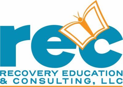 Logo with lowercase r, e, c in teal blue with an orange outlined butterfly shape over the space between the e and c, with wings that resemble pages of a book. The words Recovery Education & Consulting, LLC are below it over an orange line.
